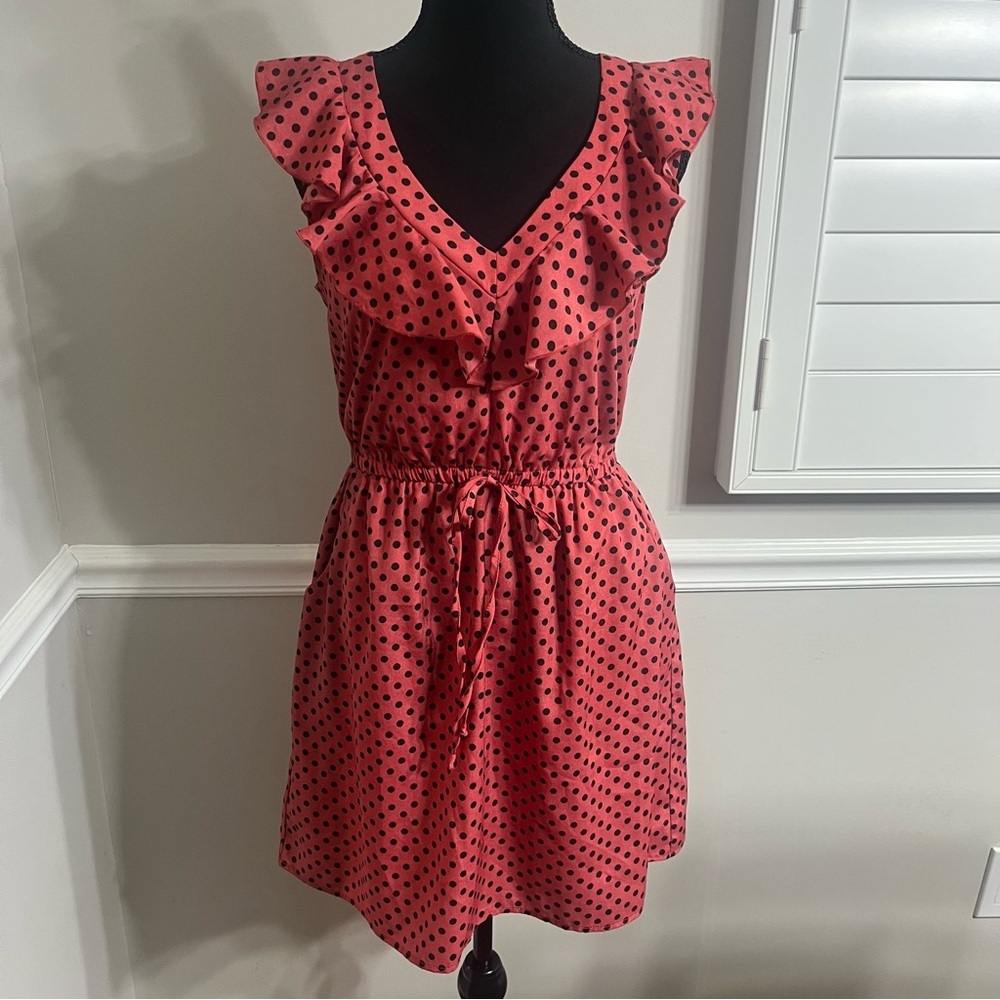 Bebop Black Polka Dot Coral Mini Dress Sz M Tie Waist Ruffle Collar Pockets